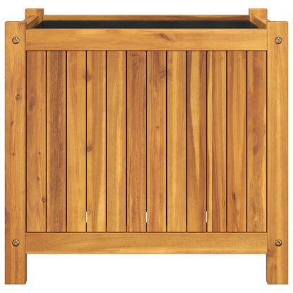 The wooden garden planter viewed directly from the front showing vertical slats