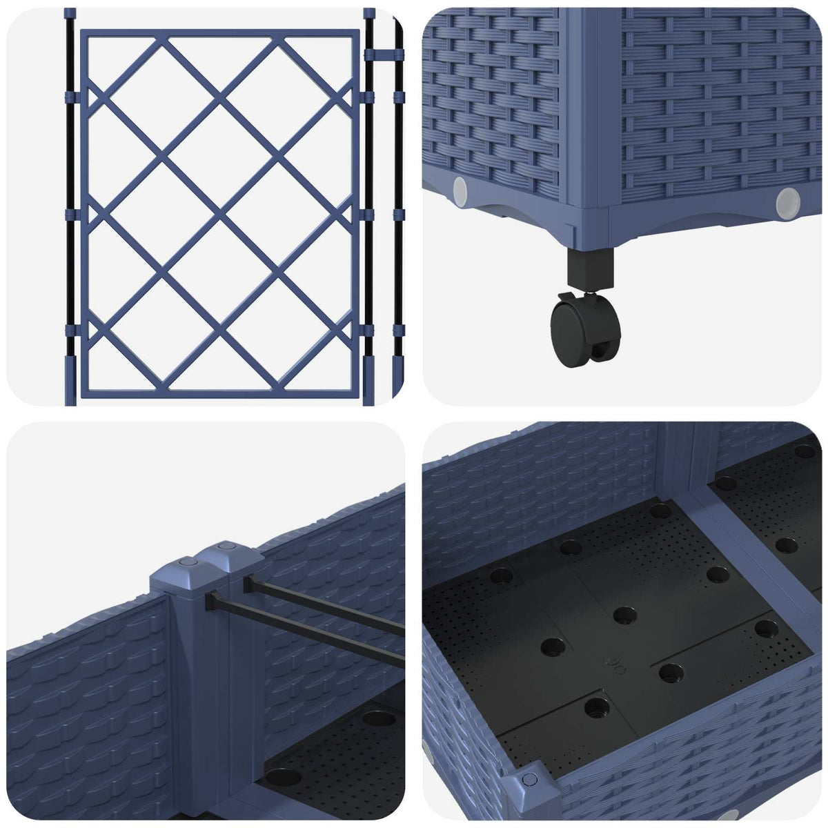 Close-up details of the grey planter with trellis and wheels, showing the weave texture, trellis connection and base