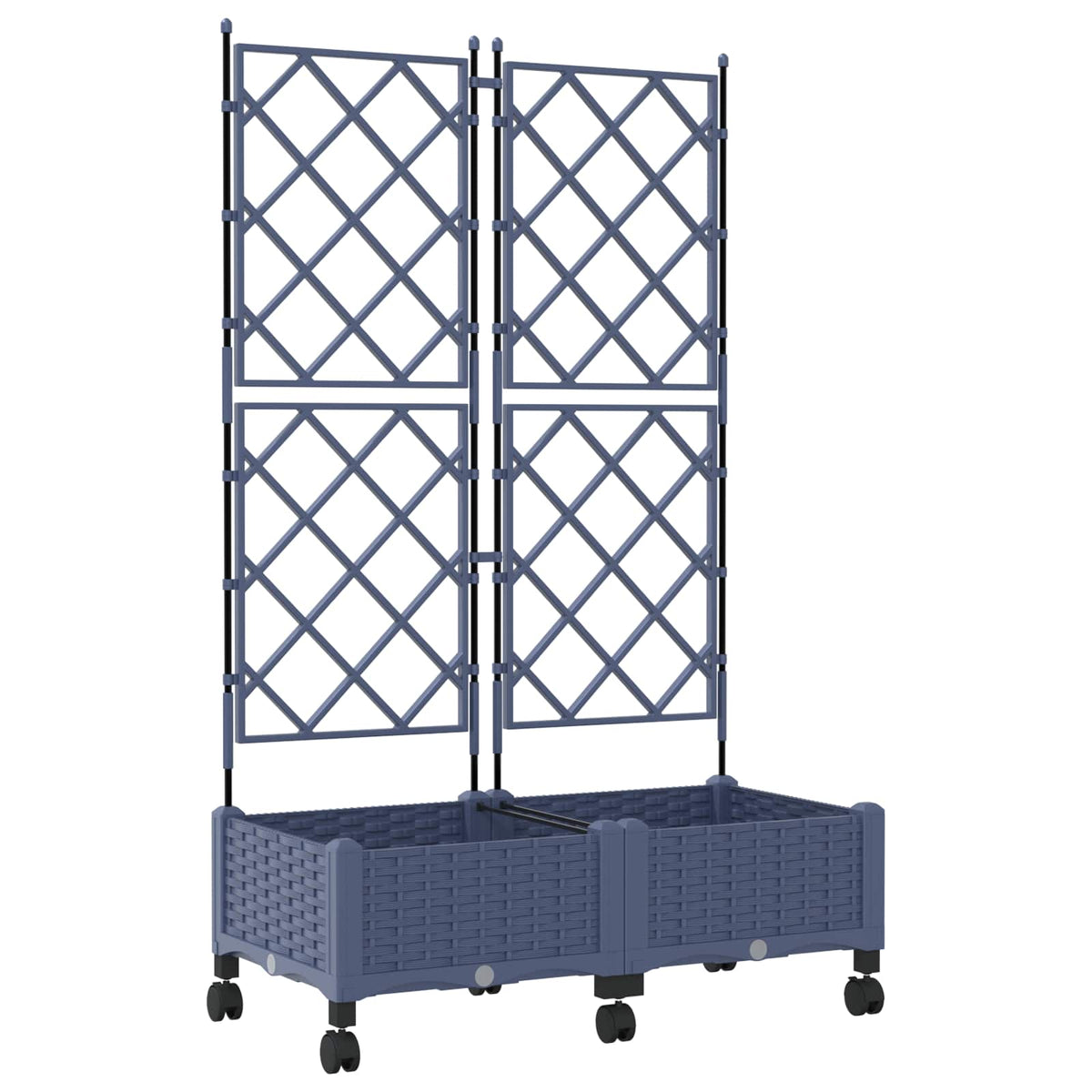 Two grey planters with trellises and wheels, assembled together, showing the full structure