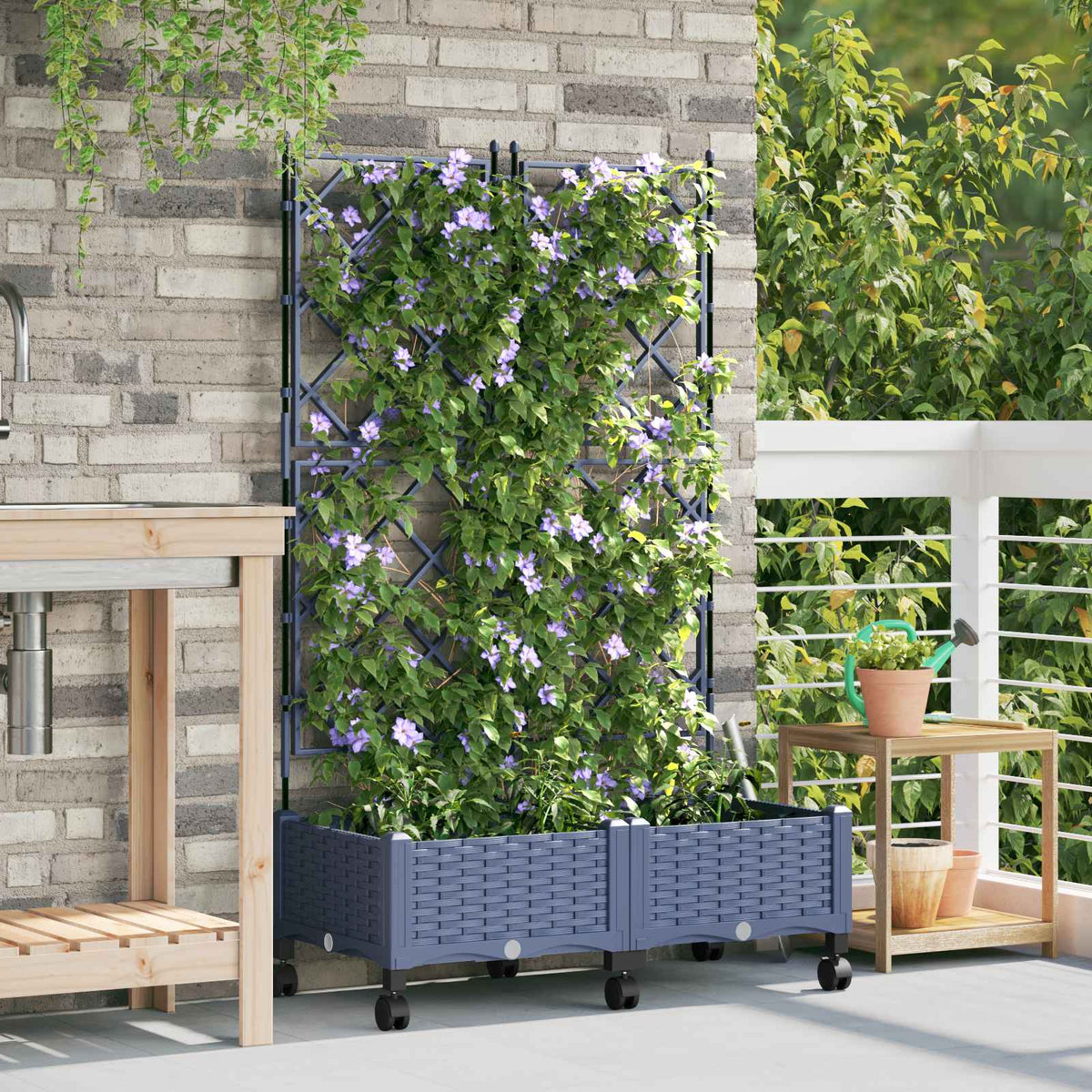 vidaXL Garden Planter with Trellis&Wheels 2 pcs Grey PP, a grey planter with trellis and wheels on a balcony with plants