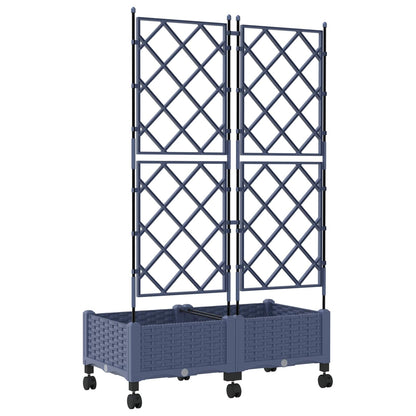 Rear view of a grey planter with trellis and wheels, showing the back of the structure