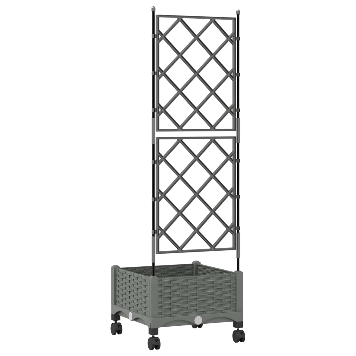 the garden planter with trellis and wheels shown from a rear angle