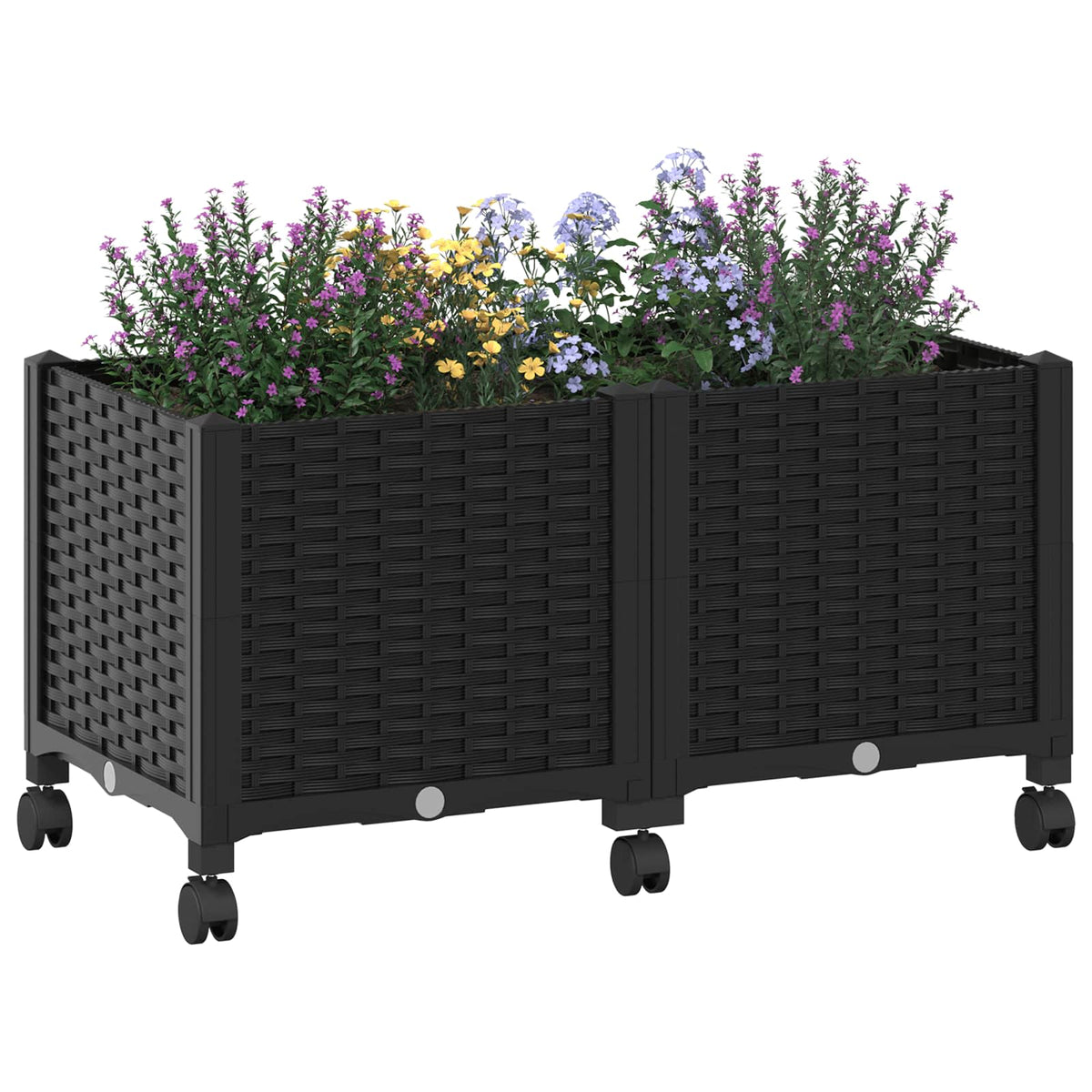 Black garden planter with wheels filled with colourful flowers