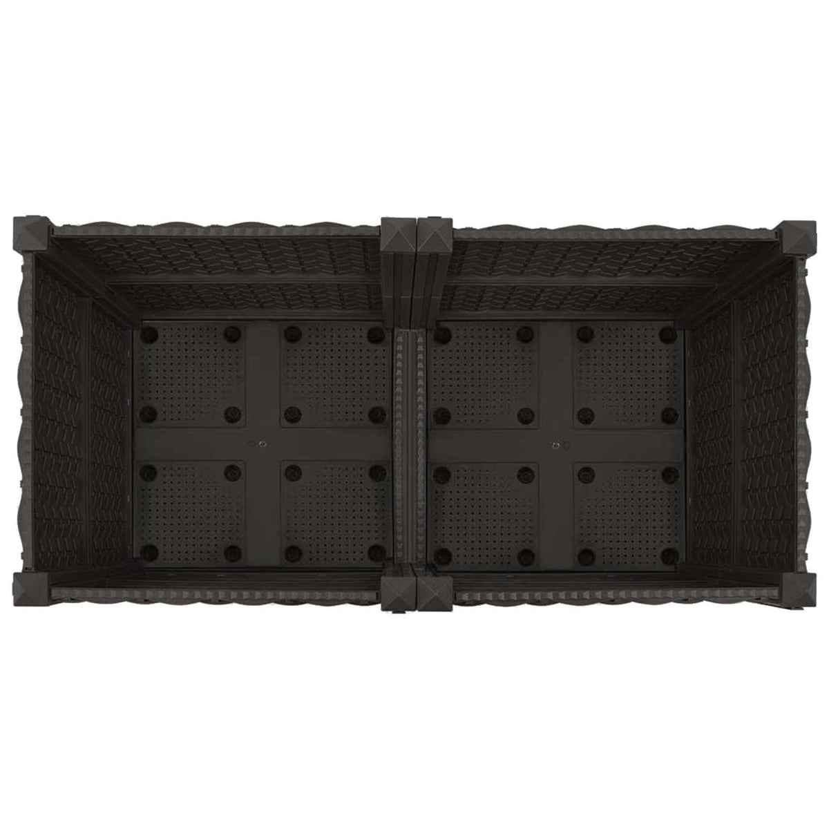 Top down view of the inside of a black garden planter