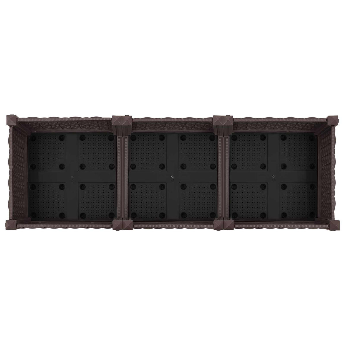 The top of the brown planter shows three sections with drainage holes