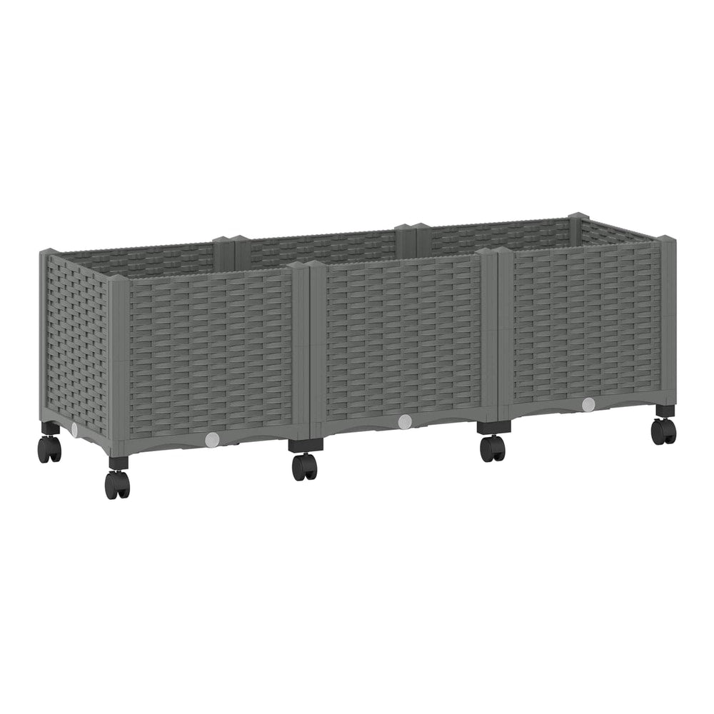 A light grey rectangular garden planter with wheels shown empty