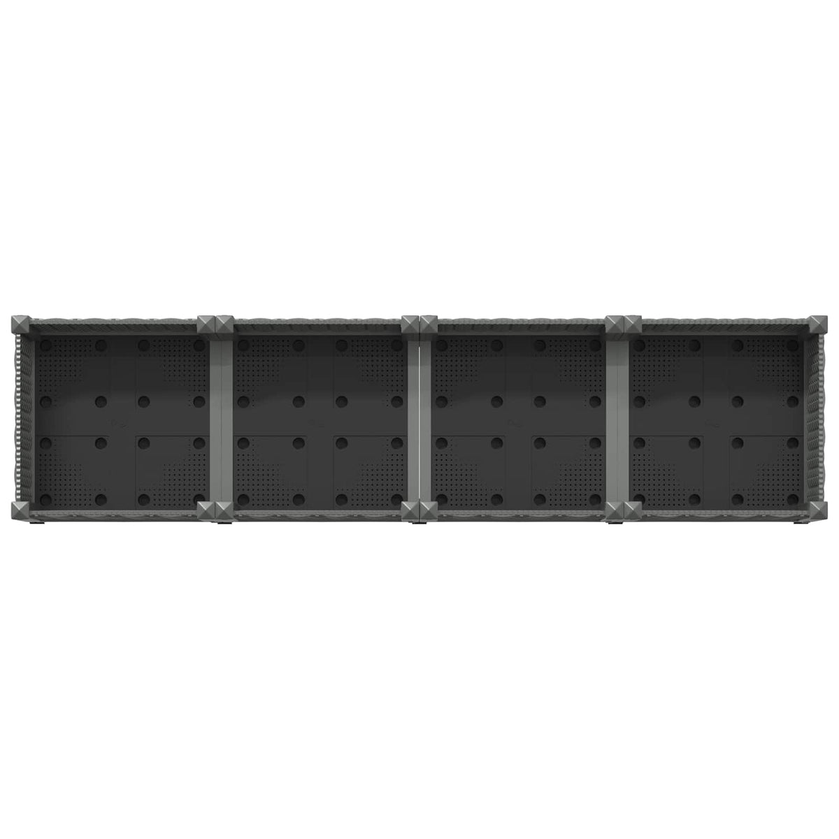 The underside of the light grey wheeled garden planter showing drainage holes