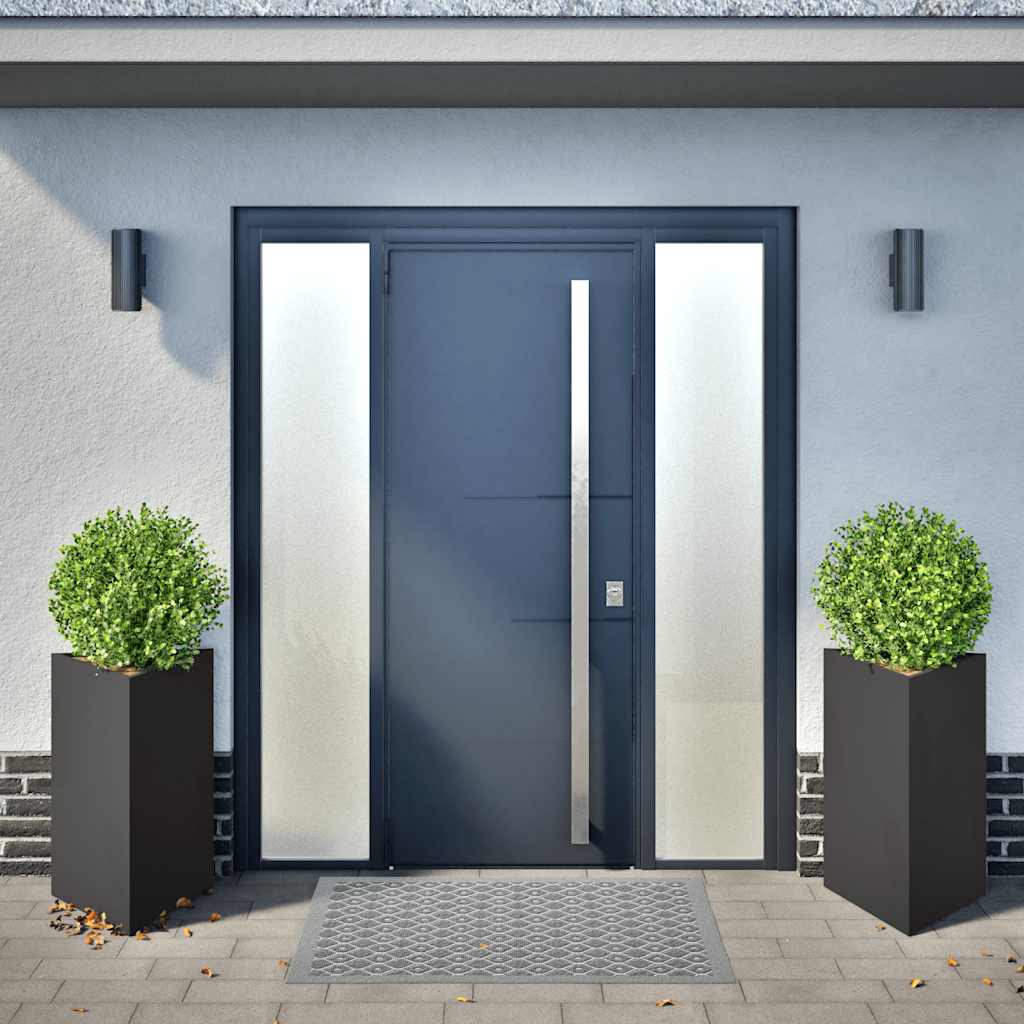 the garden planters placed symmetrically on either side of a contemporary entrance door