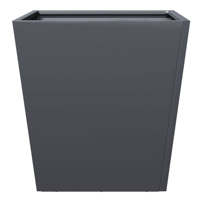 Side view of an anthracite steel planter showing its textured surface