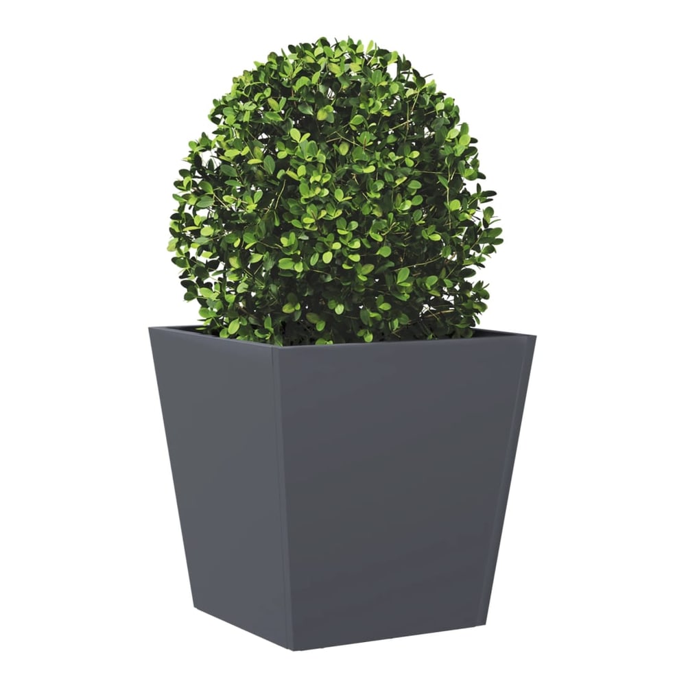 A single anthracite steel garden planter with a green bush