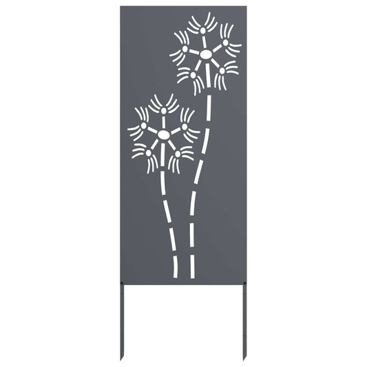 The garden privacy screen featuring a dandelion pattern with two pointed metal ground stakes