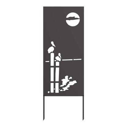 The garden privacy screen showing a silhouette of birds on a fence post with a moon above
