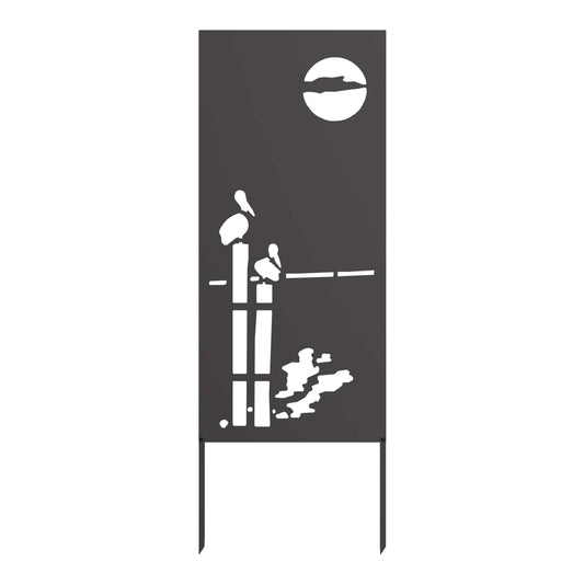 The garden privacy screen showing a silhouette of birds on a fence post with a moon above