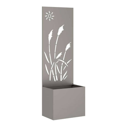 A grey weathering steel garden privacy screen with planter box