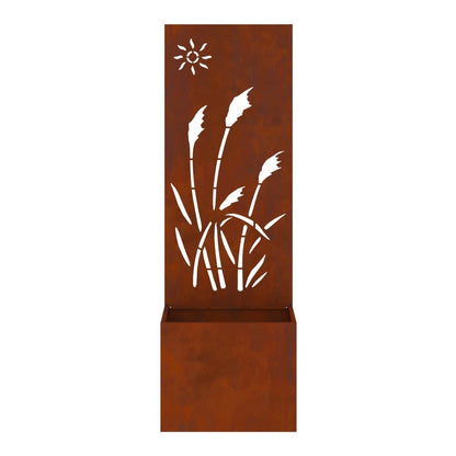 The garden privacy screen with planter box showing the rusty weathering steel finish