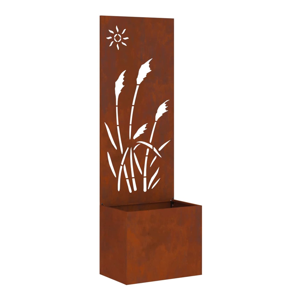 Rusty weathering steel garden screen with planter box and plant silhouette cut-out