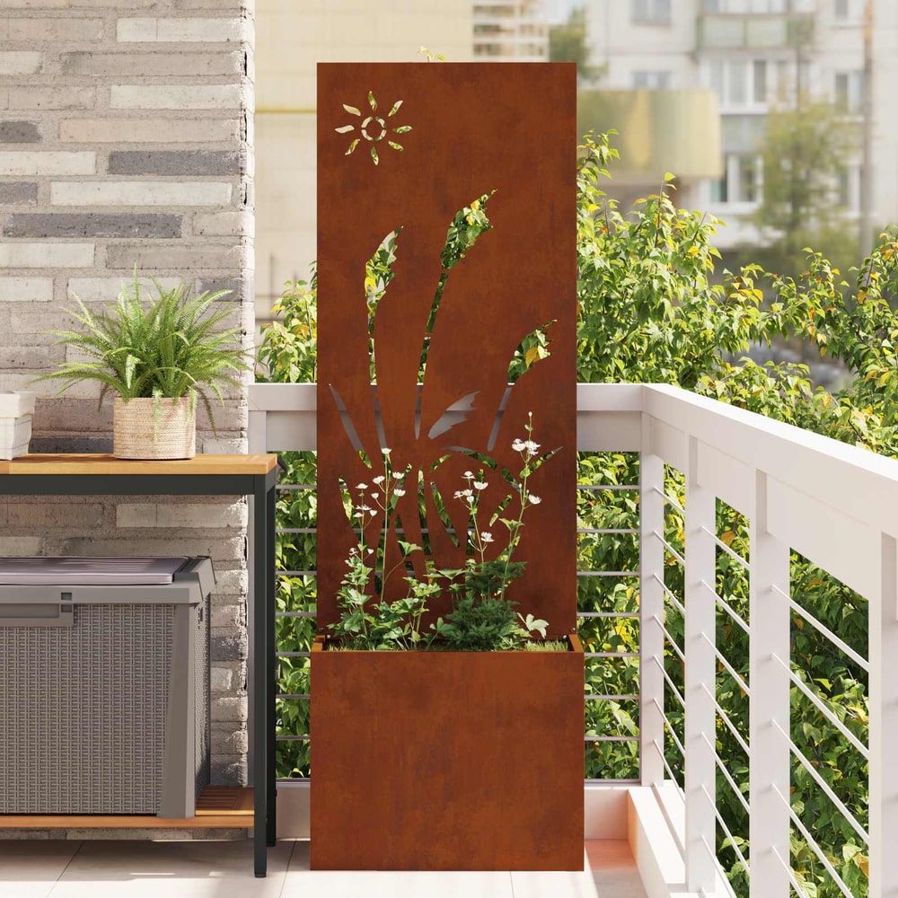 vidaXL Garden Privacy Screen Rusty Weathering steel with a planter box and decorative cut-out