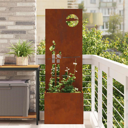 vidaXL Garden Privacy Screen Rusty Weathering steel, a tall planter with a decorative panel showing birds and a sun motif
