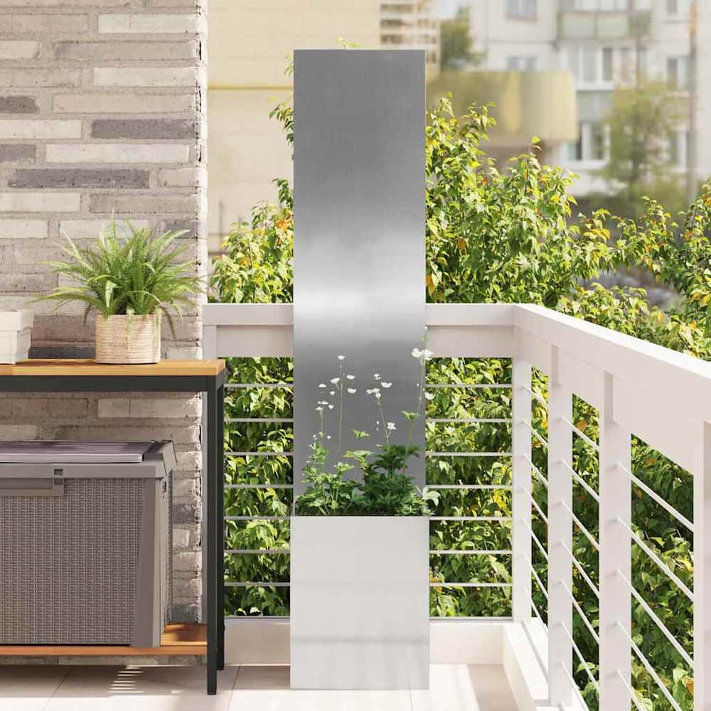 vidaXL Garden Privacy Screen Silver Galvanised steel standing on a balcony with plants