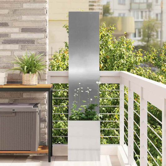 vidaXL Garden Privacy Screen Silver Galvanised steel standing on a balcony with plants