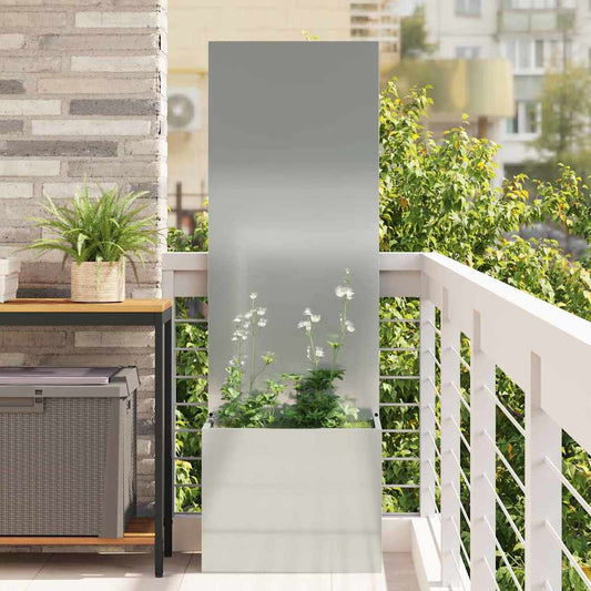 vidaXL Garden Privacy Screen Silver Galvanised steel standing on a balcony with plants