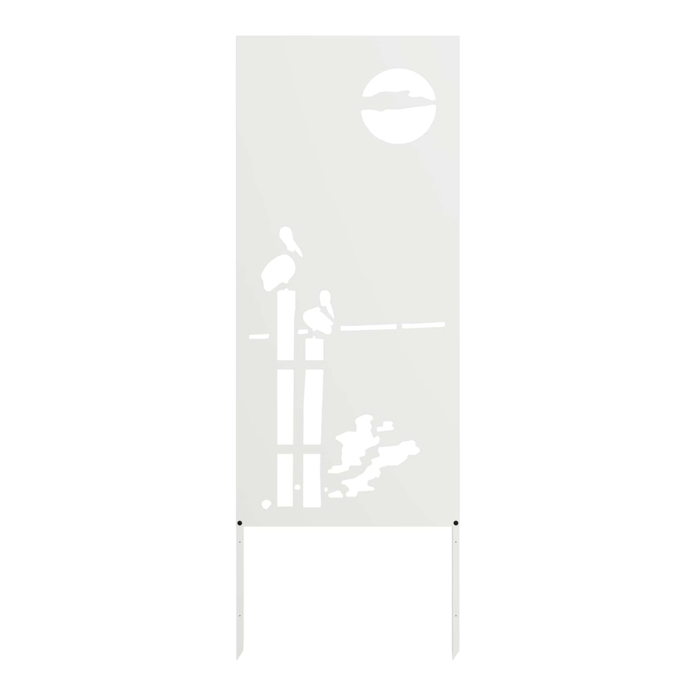 The garden privacy screen, a white panel with a cut-out design of two birds on a fence post and a sun