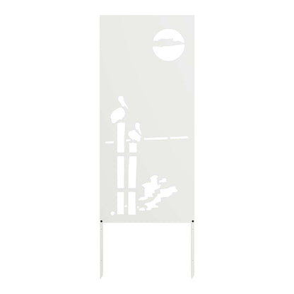 The garden privacy screen, a white panel with a cut-out design of two birds on a fence post and a sun