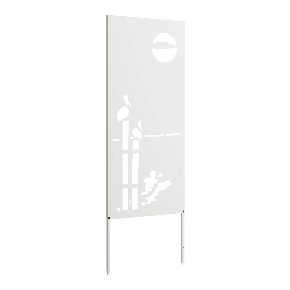 The white garden privacy screen with cut-out birds and sun design, shown outdoors