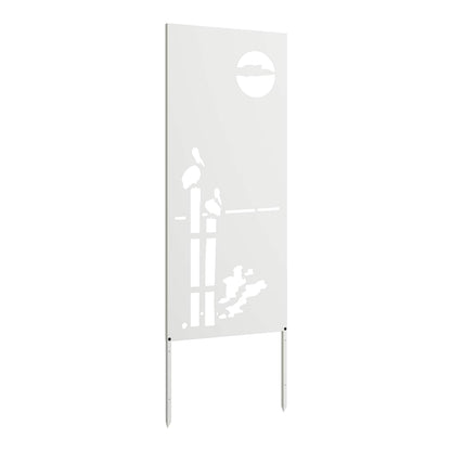 The white garden privacy screen with cut-out birds and sun design, shown outdoors