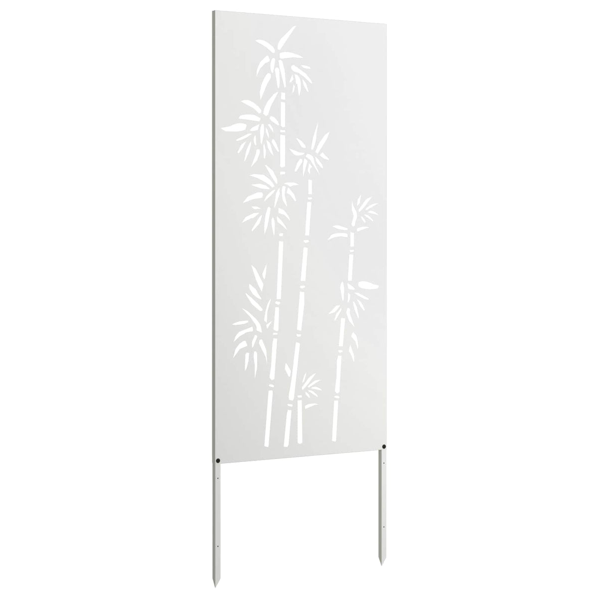 White garden privacy screen with bamboo pattern and ground spikes