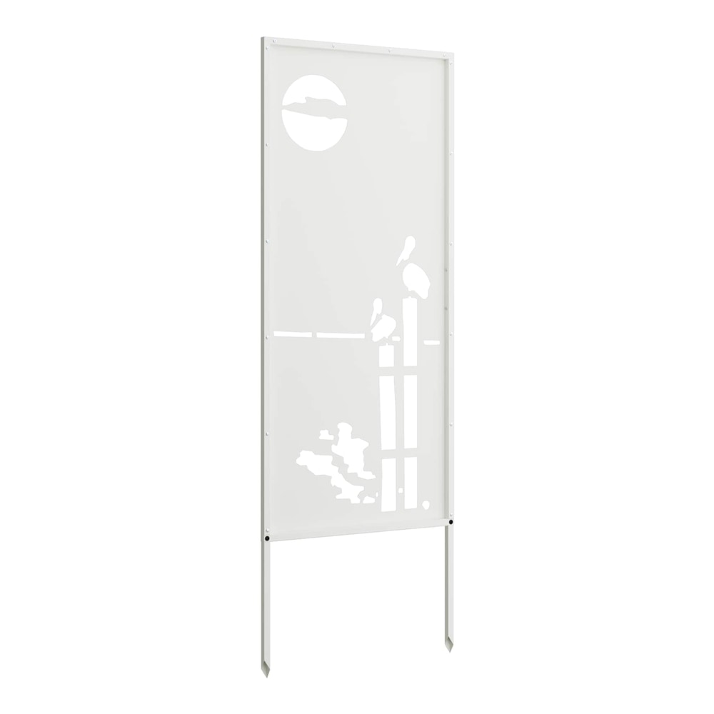 A white garden privacy screen with a cut-out design of birds and a sun, standing upright