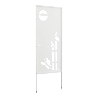 A white garden privacy screen with a cut-out design of birds and a sun, standing upright