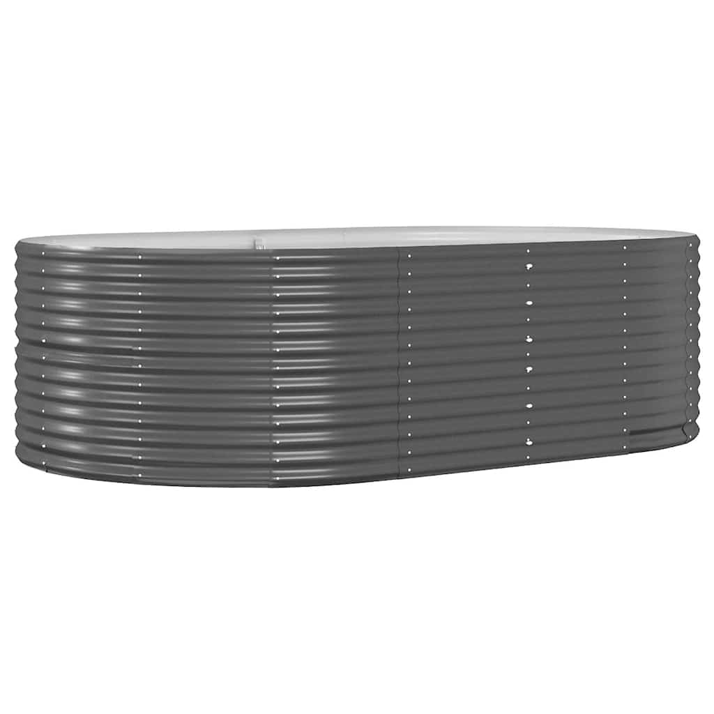Anthracite galvanised raised garden bed shown from the side with a white top edge