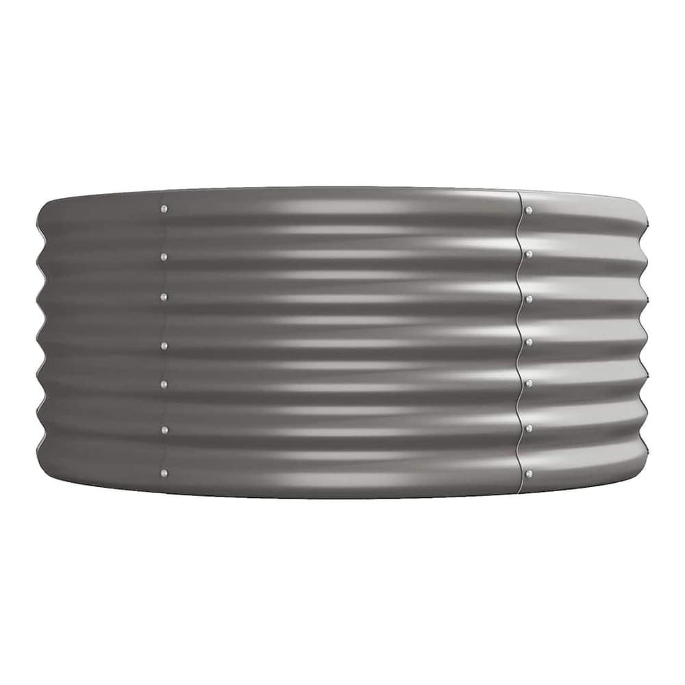 The galvanised raised garden bed is shown empty and curved from the side