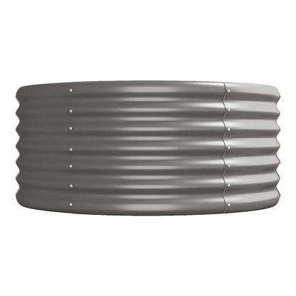 The galvanised raised garden bed is shown empty and curved from the side