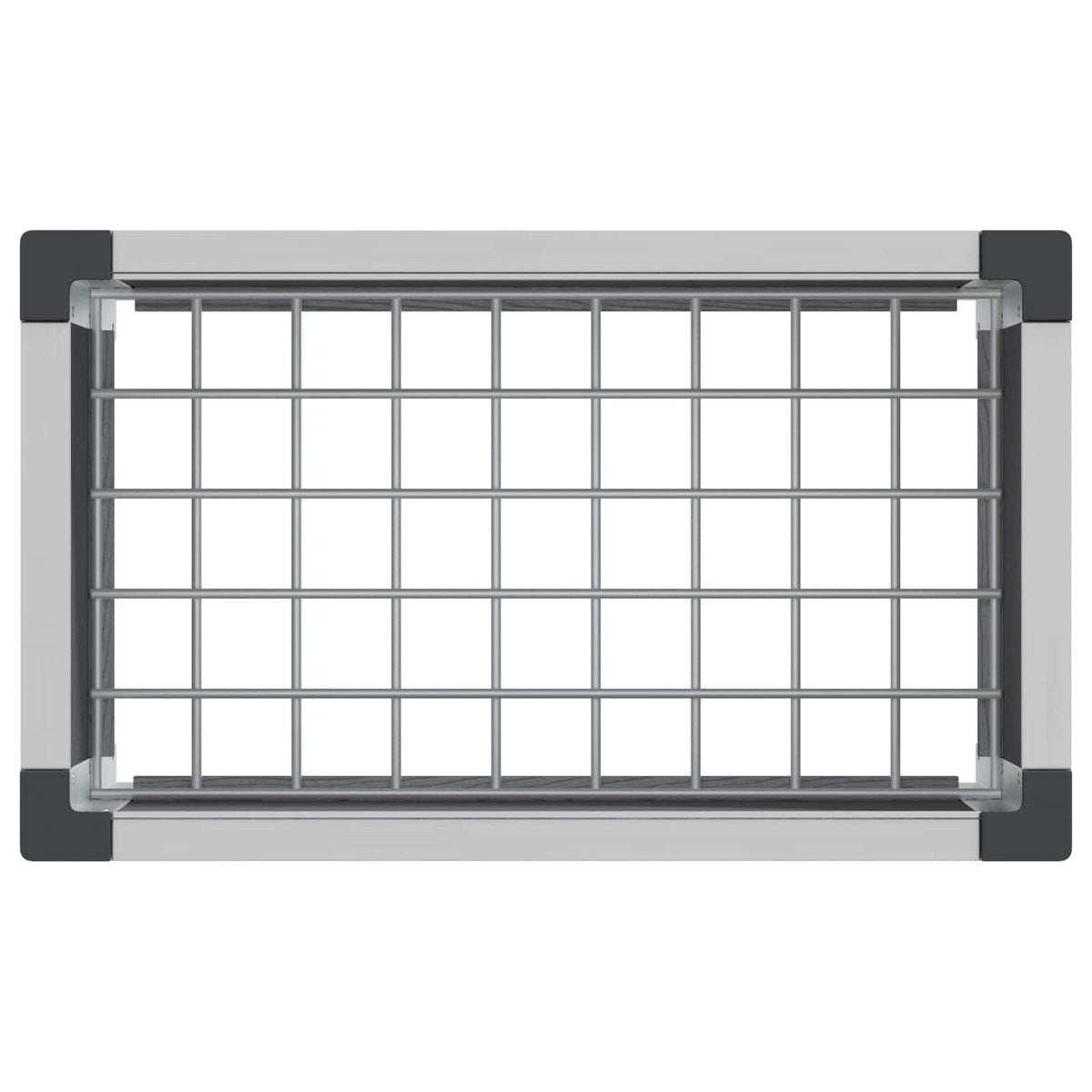 the raised garden bed showing the internal metal grid base from above