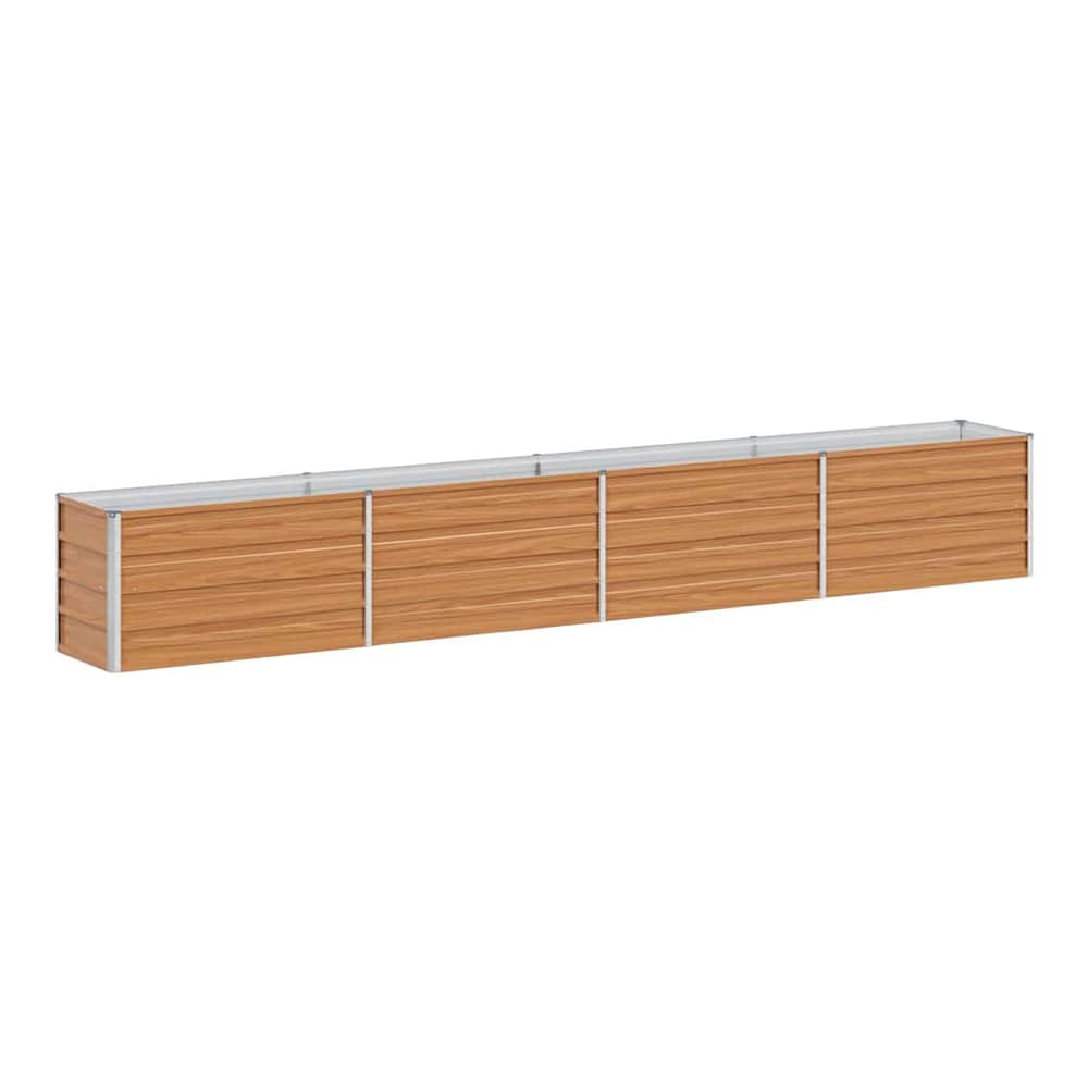 A long galvanised raised garden bed with a light brown wood effect finish