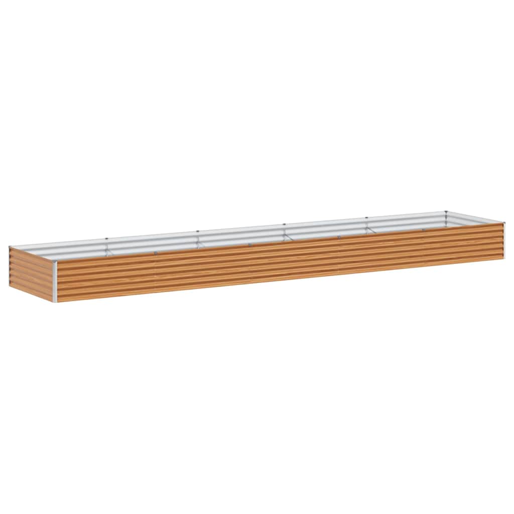 The light brown galvanised raised garden bed with a metal frame