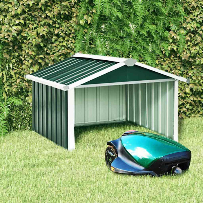 Garden Robot Lawnmower Shed Galvanised Steel Green with a robot mower parked outside