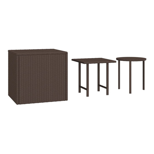 The three brown poly rattan garden tables, one large and two small