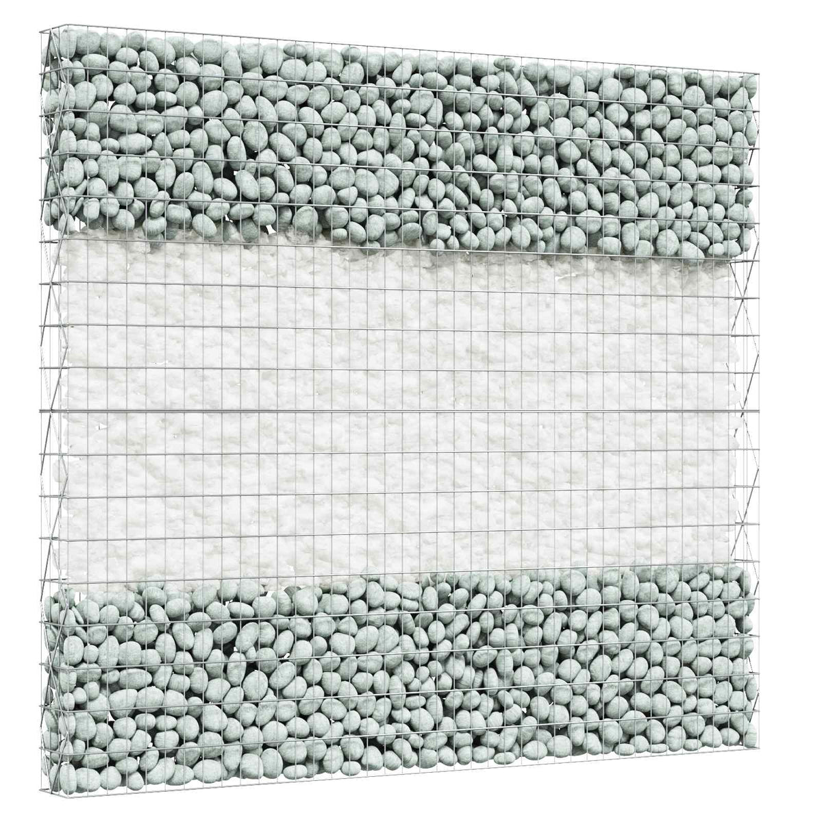 A section of a gabion wall filled with white garden stones and white fabric
