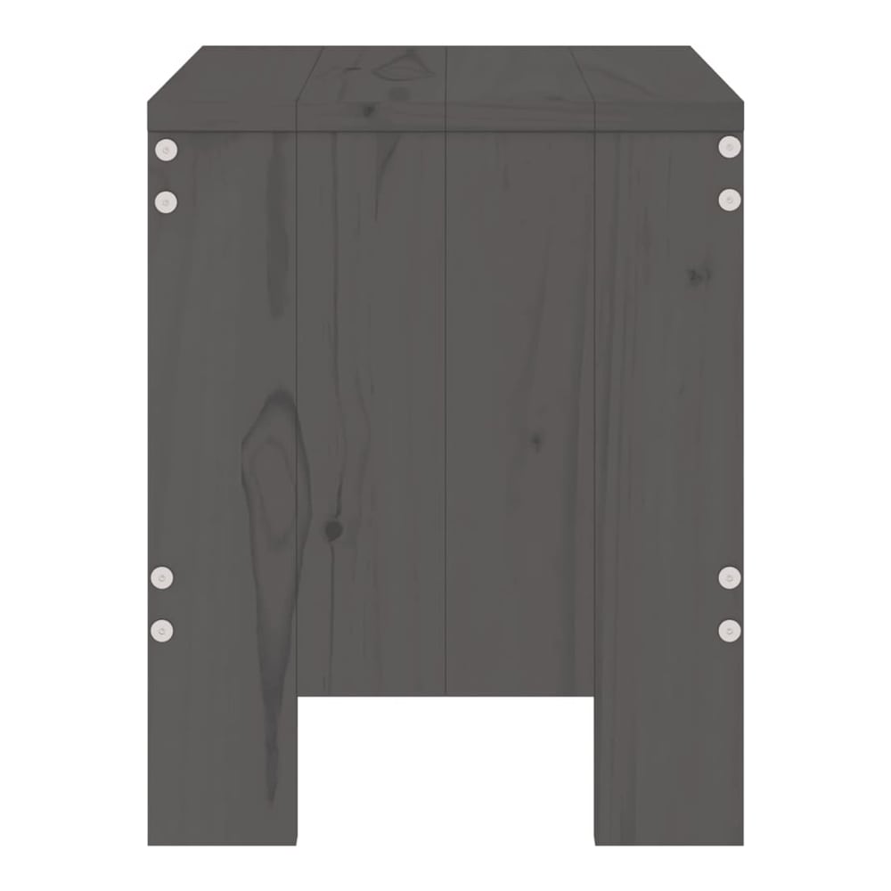 Back view of a grey solid wood pine garden stool showing panel construction