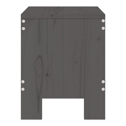 Back view of a grey solid wood pine garden stool showing panel construction