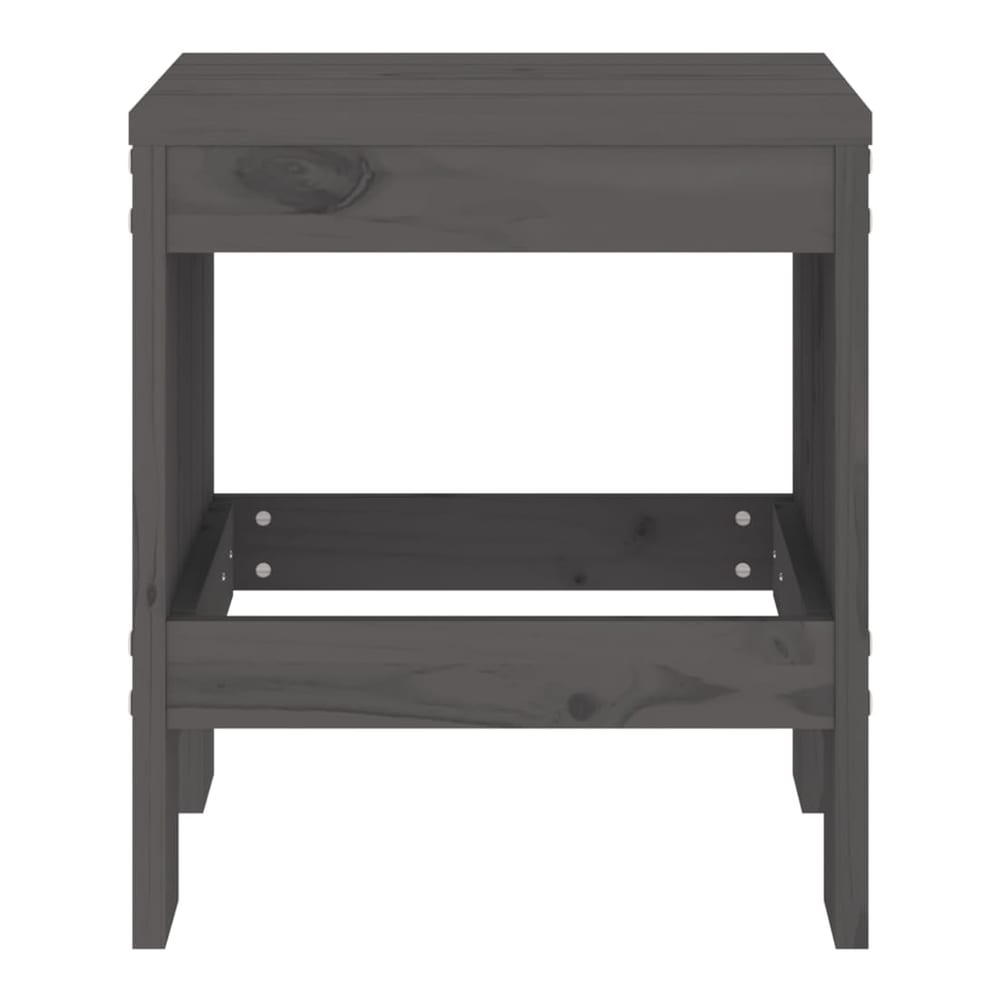 Front view of a grey solid wood pine garden stool with open base