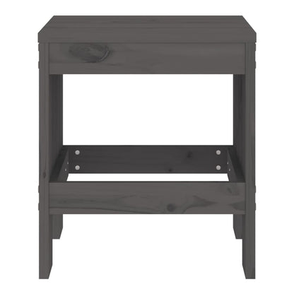Front view of a grey solid wood pine garden stool with open base