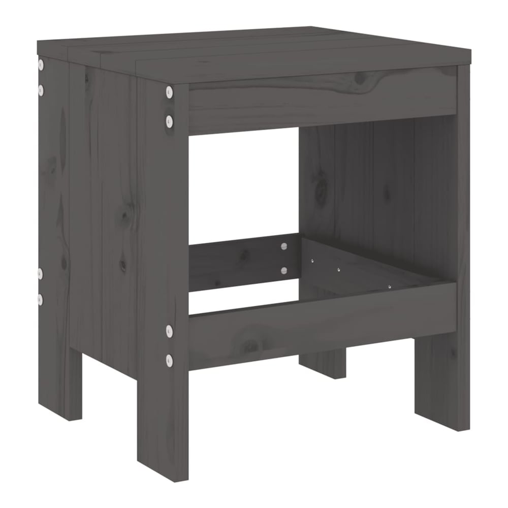 Close up of a grey solid wood pine garden stool showing construction details