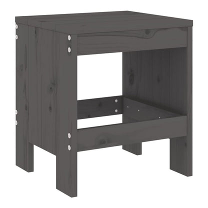 Close up of a grey solid wood pine garden stool showing construction details