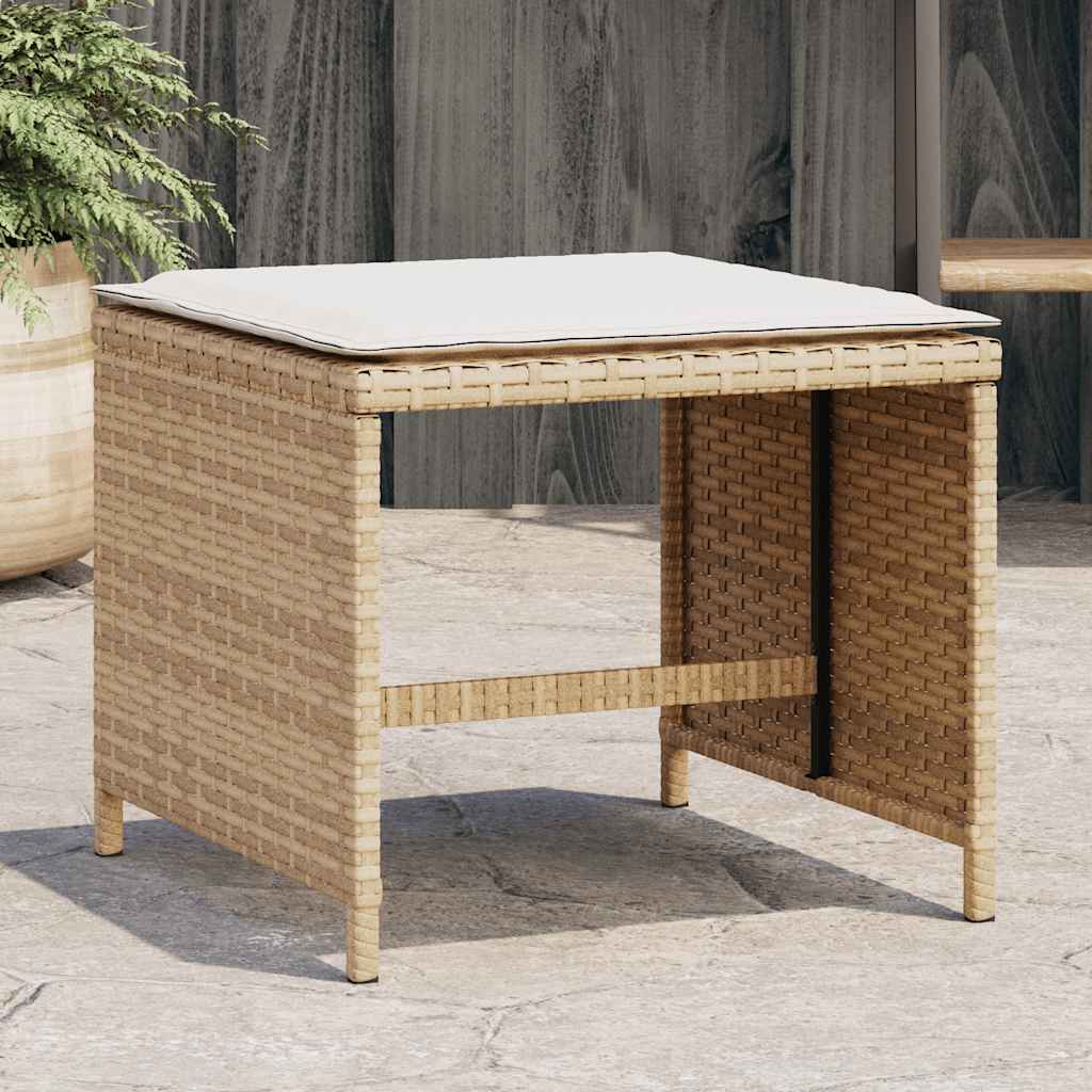 vidaXL Garden Stools with Cushions 4 pcs Beige Poly Rattan, a single stool with a cushion on top, shown outdoors
