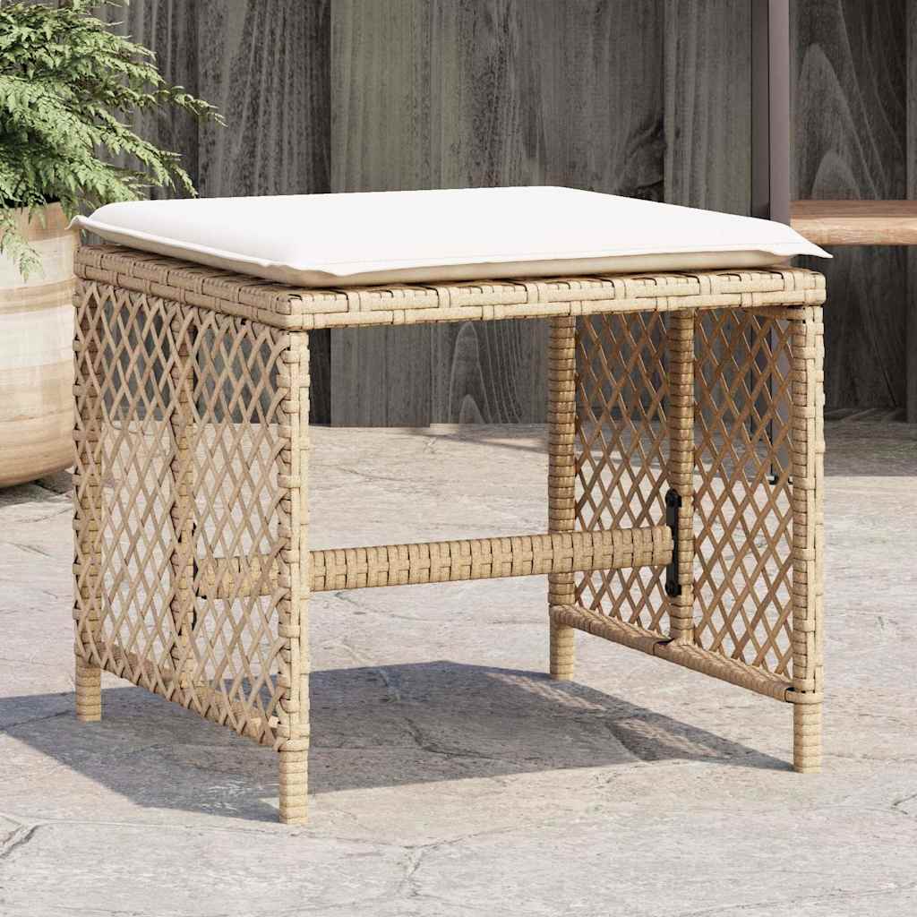 vidaXL Garden Stools with Cushions 4 pcs Beige Poly Rattan placed on a stone patio