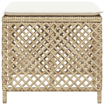 Garden Stools with Cushions 4 pcs Beige Poly Rattan, the outdoor foot rests showing a close up of the woven side panel